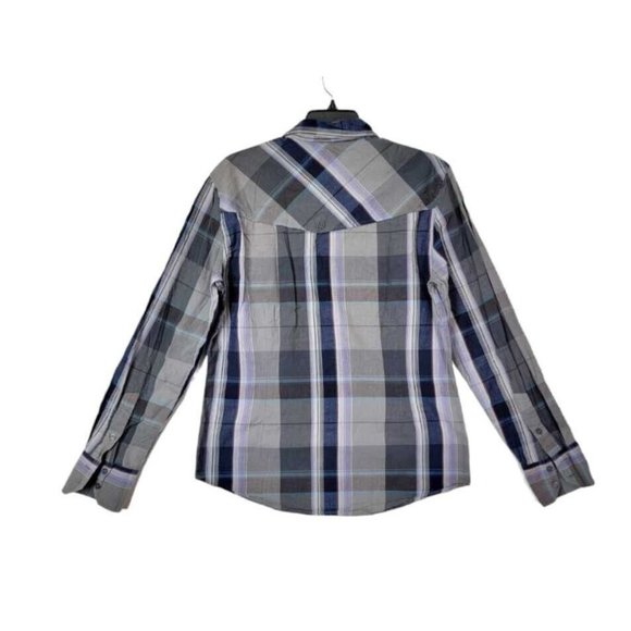 G by Gues Men's Size Medium Plaid Polo Dress Shirt Gray Cotton Long Sleeves - Picture 7 of 8